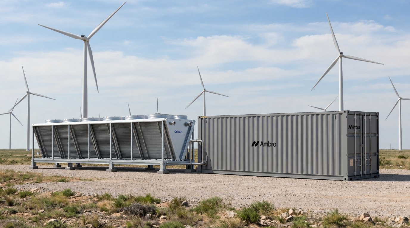 Ambra compute node: a grey 40 ft container with its dry cooler on a gravel pad, wind turbines behind